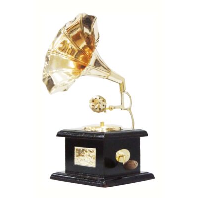 Vintage Brass & Wooden Mini Gramophone Decorative Showpiece for Home Décor, Office Desk & Gift Purpose