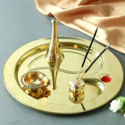 Solid Brass Puja Thali Set with Diya, Bell, and Ritual Die (9.5 Inch)