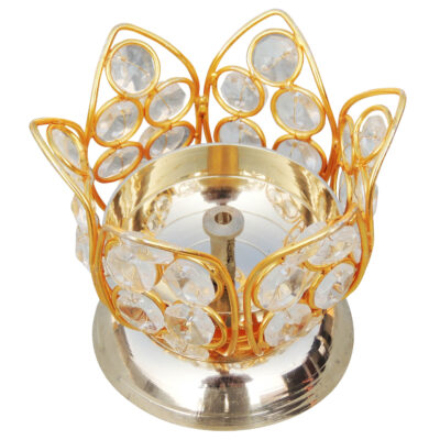 Gold-Plated Crystal Lotus Diya – Decorative Brass Oil Lamp & Candle Holder (3.2" Height