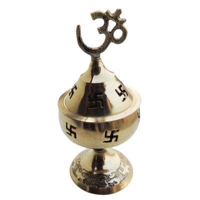 Brass Om Swastik Akhand Diya – Covered Oil Lamp with Cutwork Design (3 Inch)
