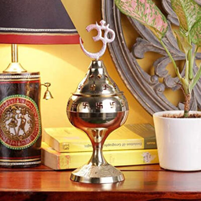 Brass Om Swastik Akhand Diya – Covered Oil Lamp with Cutwork Design (5.3 Inch)