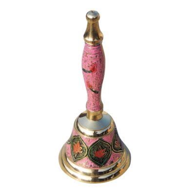 Handcrafted Pink Enamel Brass Puja Bell – Decorative Handheld Ghanti (7 Inch)
