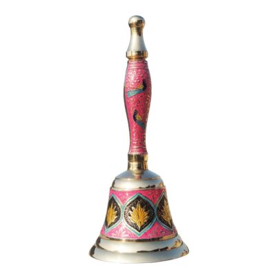 Handcrafted Pink Meenakari Brass Puja Bell – Decorative Aarti Ghanti (8.2 Inch)
